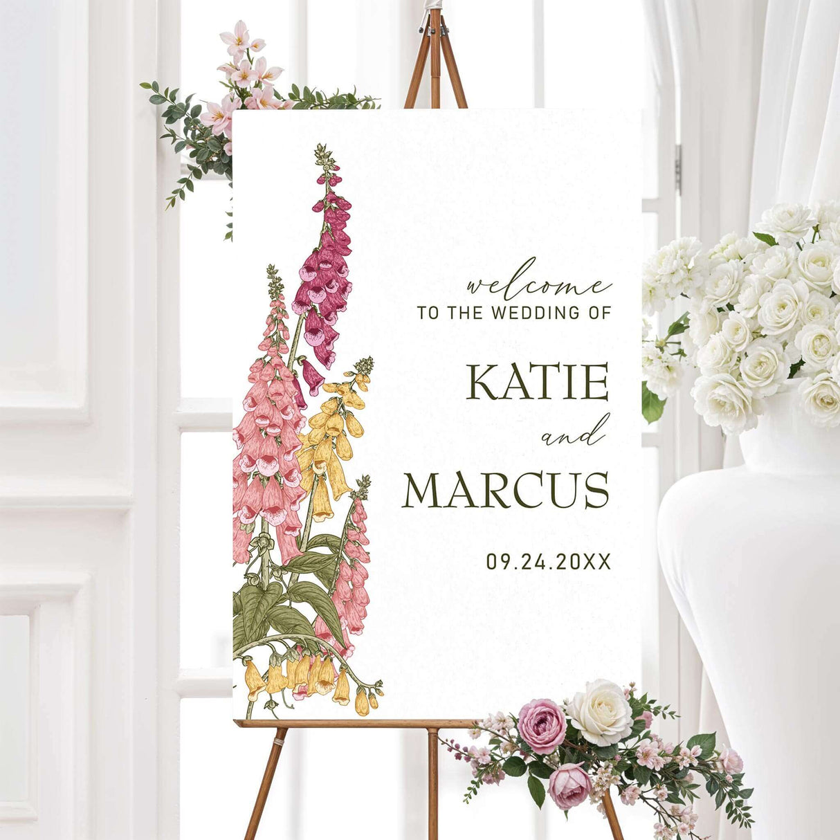 Wedding welcome sign with watercolor foxglove flowers in pink, gold, and burgundy. Custom text in elegant fonts. Printed on poster board for weddings.