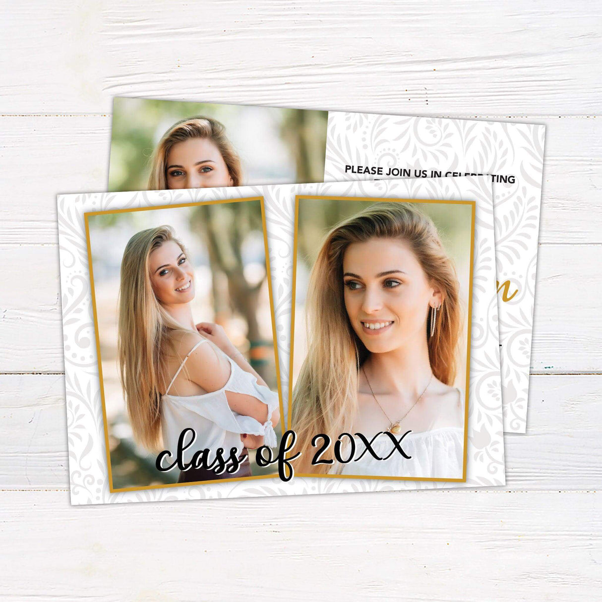 A customizable graduation invitation featuring a light grey paisley background. The front design has a personalized photo on the left and graduation details on the right in an elegant font. The back includes two additional photos with a color block design and "Class of 2025" across the bottom. The invitation color is customizable to match the school or event theme. Back Gold.