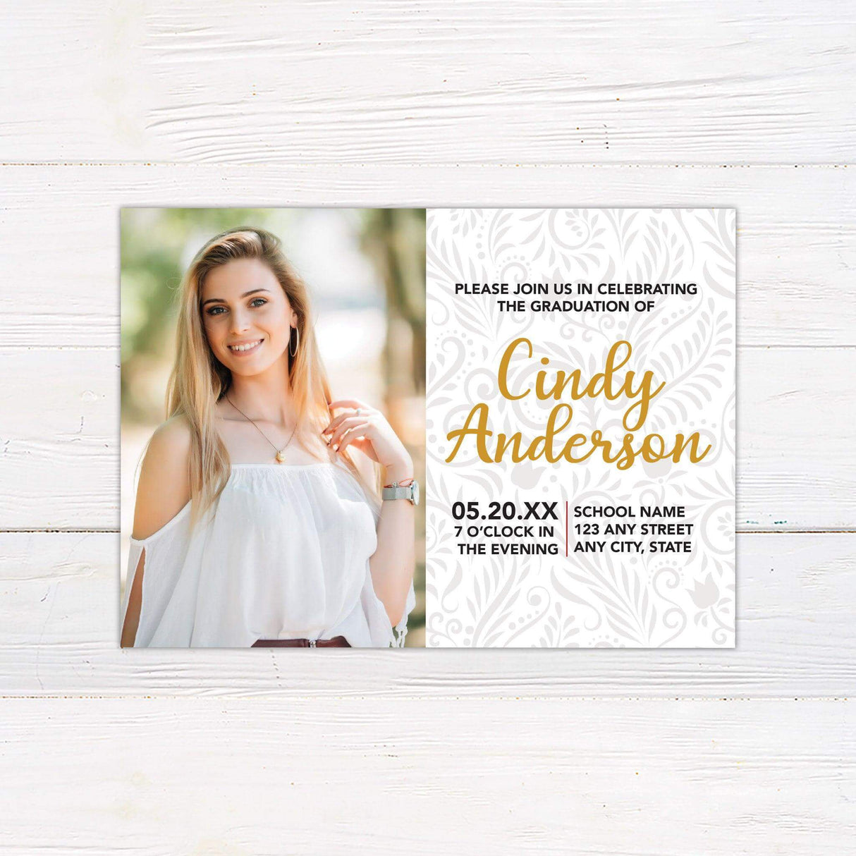 A customizable graduation invitation featuring a light grey paisley background. The front design has a personalized photo on the left and graduation details on the right in an elegant font. The back includes two additional photos with a color block design and "Class of 2025" across the bottom. The invitation color is customizable to match the school or event theme. Gold.