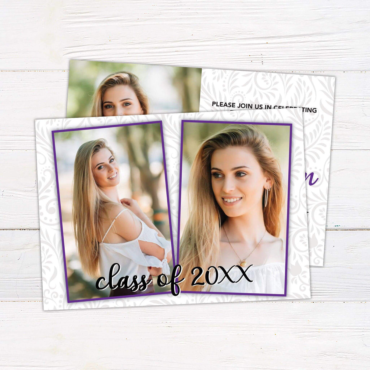 A customizable graduation invitation featuring a light grey paisley background. The front design has a personalized photo on the left and graduation details on the right in an elegant font. The back includes two additional photos with a color block design and "Class of 2025" across the bottom. The invitation color is customizable to match the school or event theme. Back Purple.