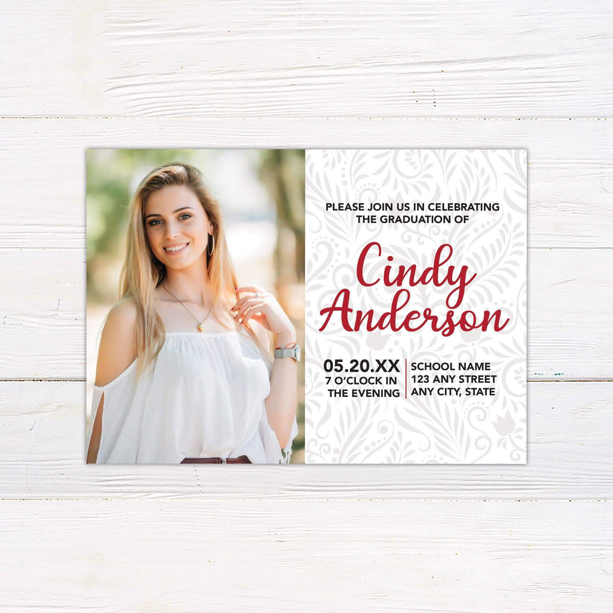 A customizable graduation invitation featuring a light grey paisley background. The front design has a personalized photo on the left and graduation details on the right in an elegant font. The back includes two additional photos with a color block design and "Class of 2025" across the bottom. The invitation color is customizable to match the school or event theme. Red.
