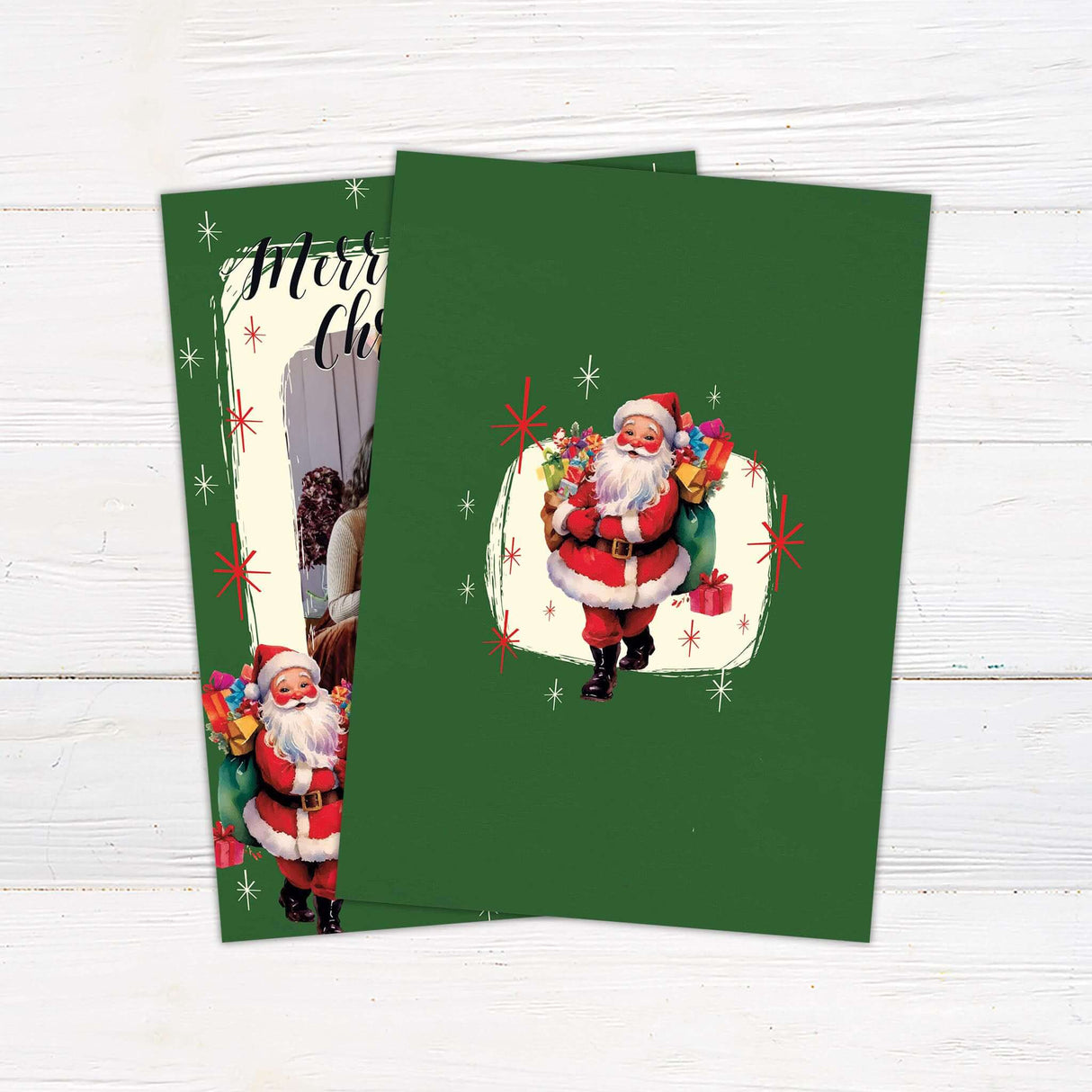 Vintage look Christmas card with family photo, retro Santa, holiday lamp post, and green and cream background with red starburst accents - back side