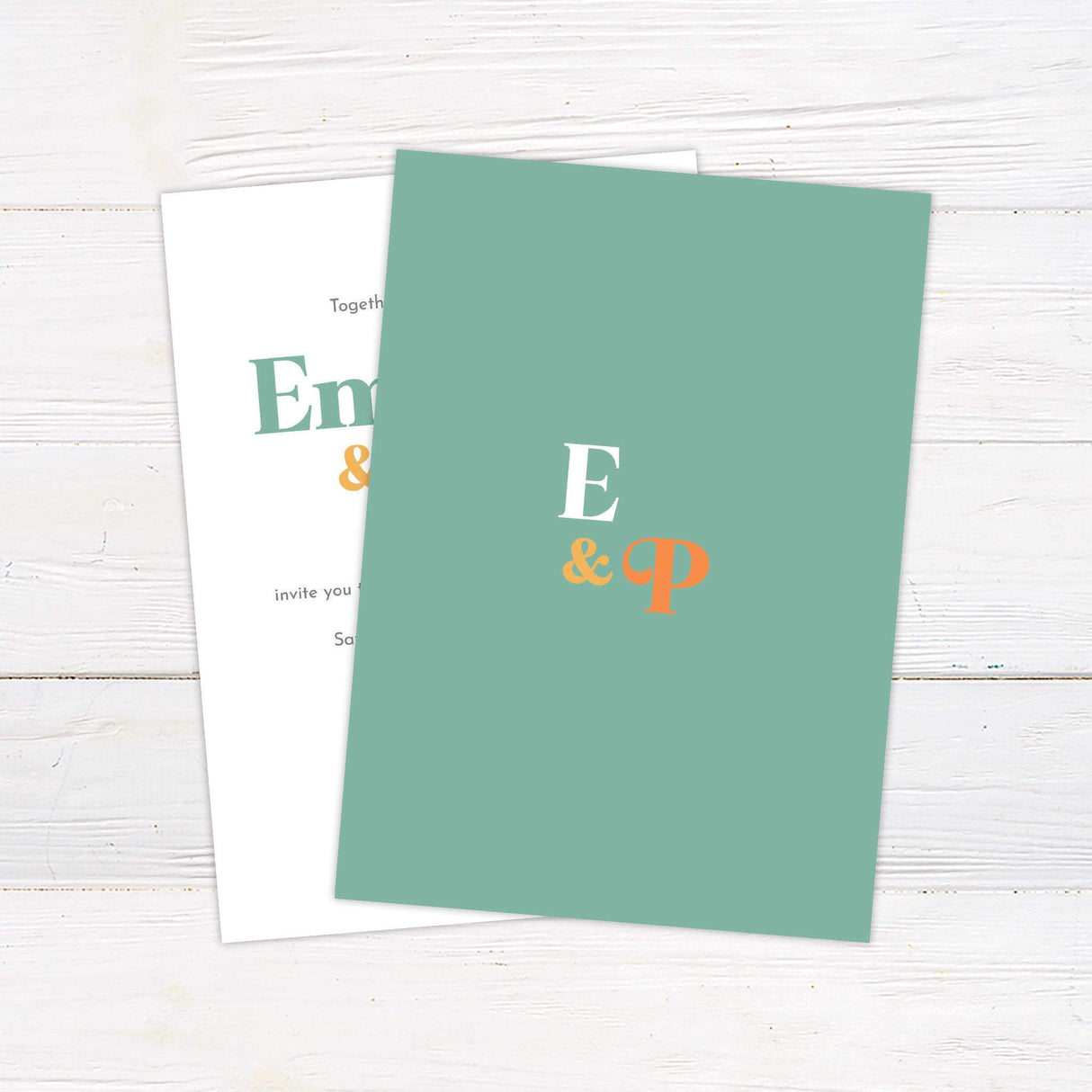 Printed wedding invitation with mint green and orange retro fonts on white background, modern layout and colorful accents, perfect for spring or playful weddings. - back side