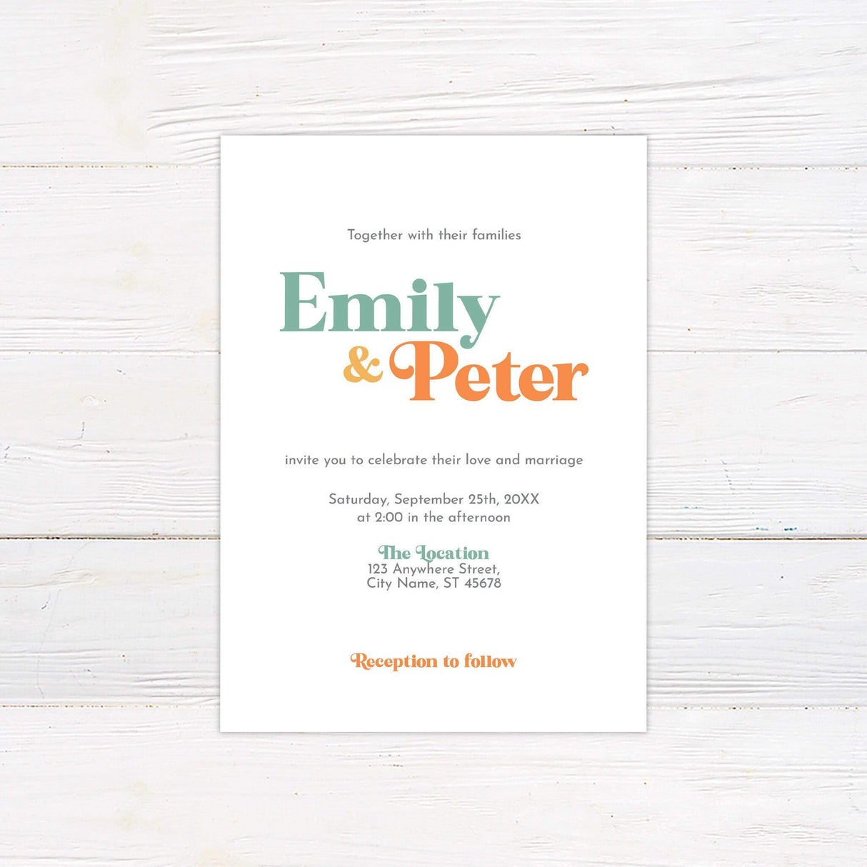 Printed wedding invitation with mint green and orange retro fonts on white background, modern layout and colorful accents, perfect for spring or playful weddings.