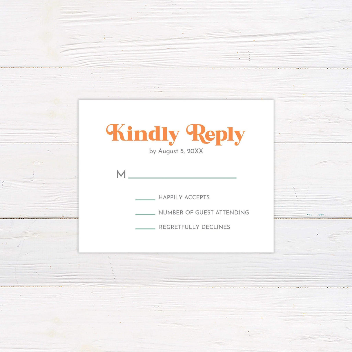 Matching RSVP card with pastel green and orange retro font to coordinate with the Vintage Monogram invitation.