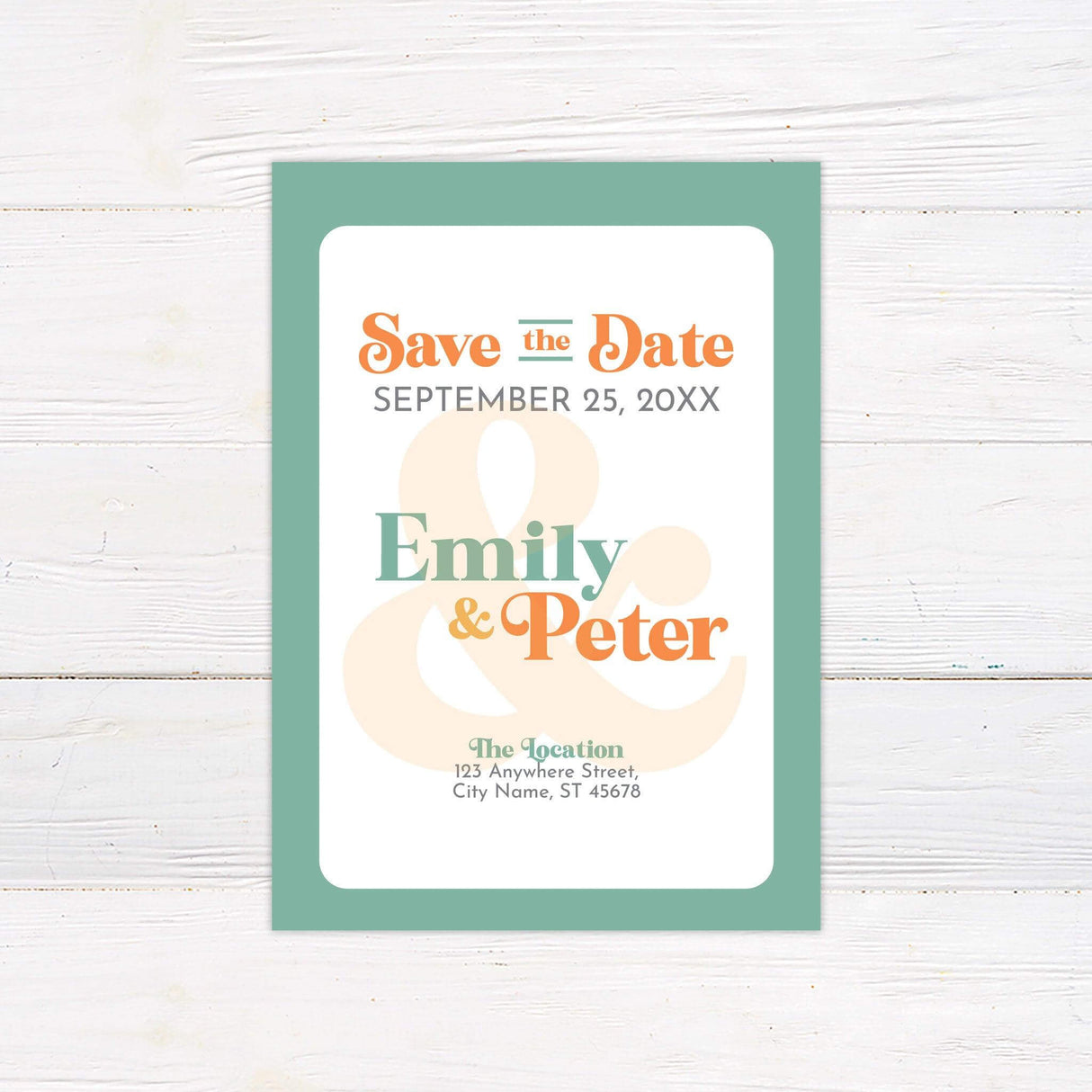 Save the Date card with pastel colors and bold vintage fonts, creating a fun, modern introduction to your wedding celebration.