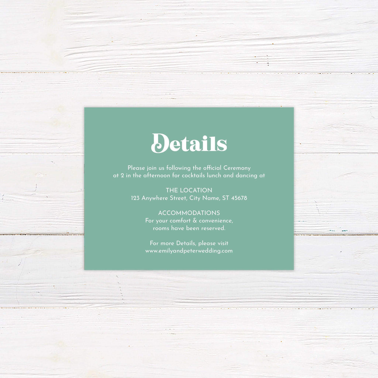 Minimalist wedding detail card with clean layout and colorful retro typography to match the full Vintage Monogram suite.