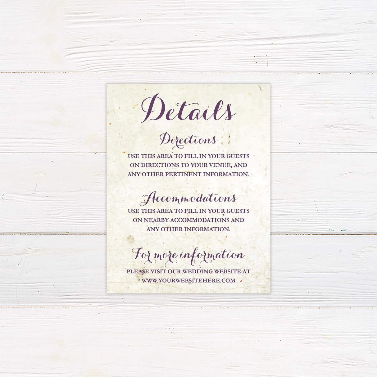 Rustic details card with aged paper background and elegant purple script fonts.