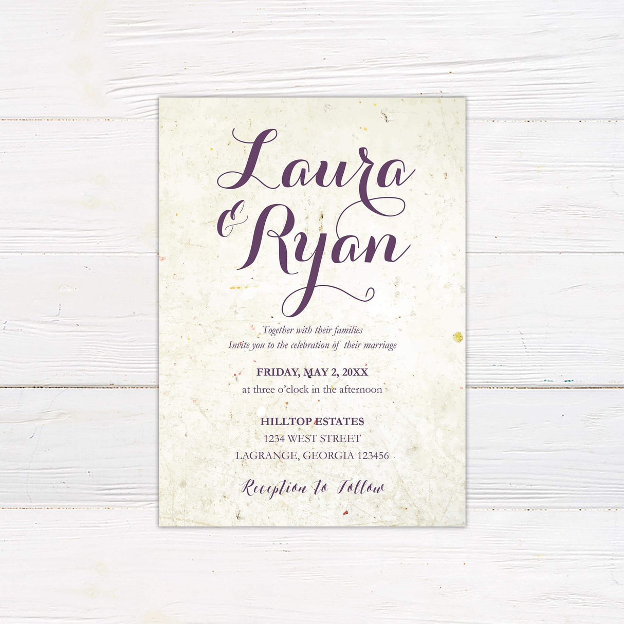 Rustic wedding invitation with aged paper background and elegant purple script fonts.