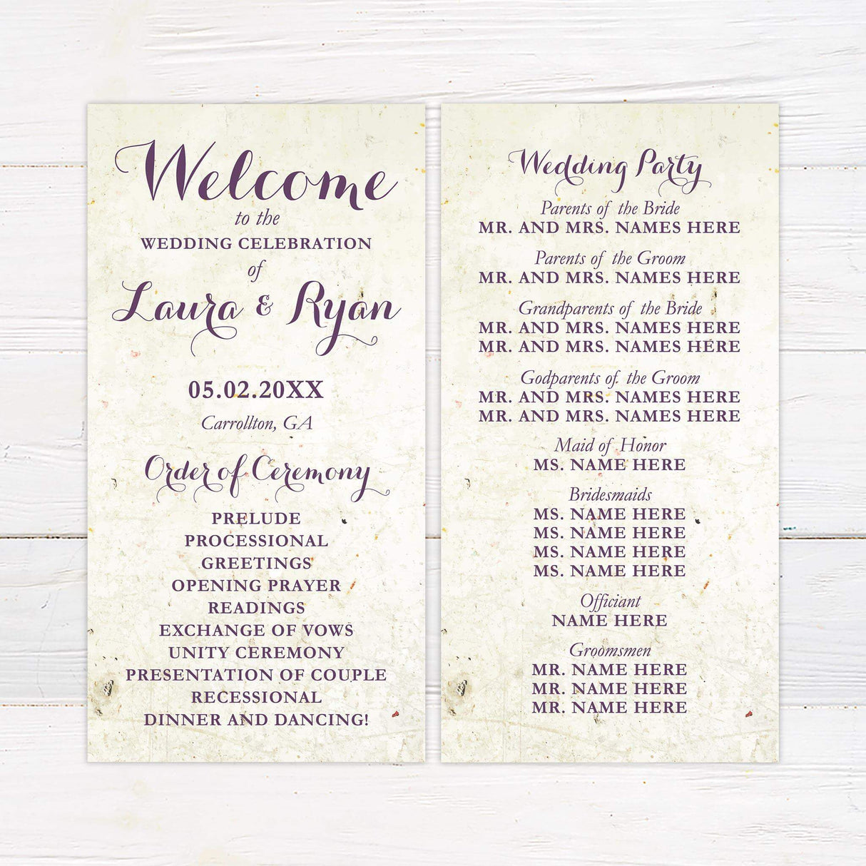Rustic program card with aged paper background and elegant purple script fonts.