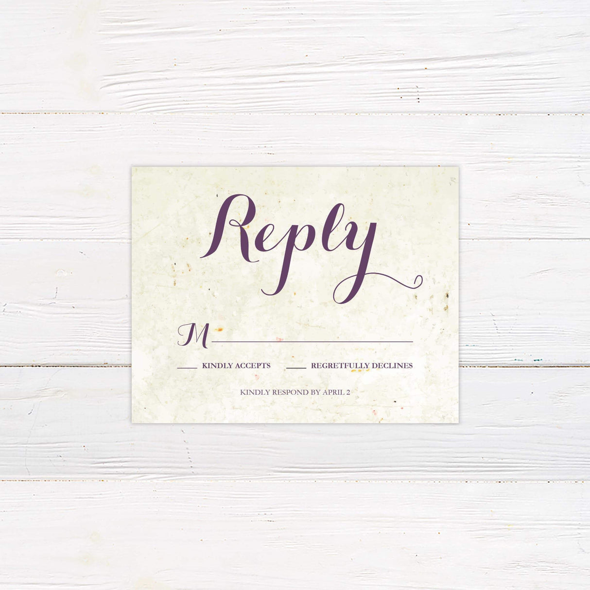 Rustic RSVP card with aged paper background and elegant purple script fonts.