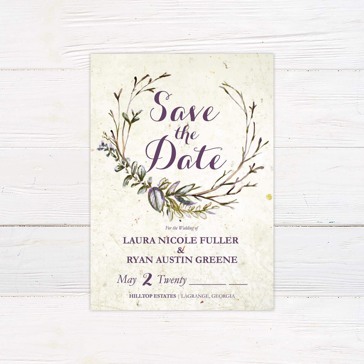 Rustic save the date card with aged paper background and elegant purple script fonts.