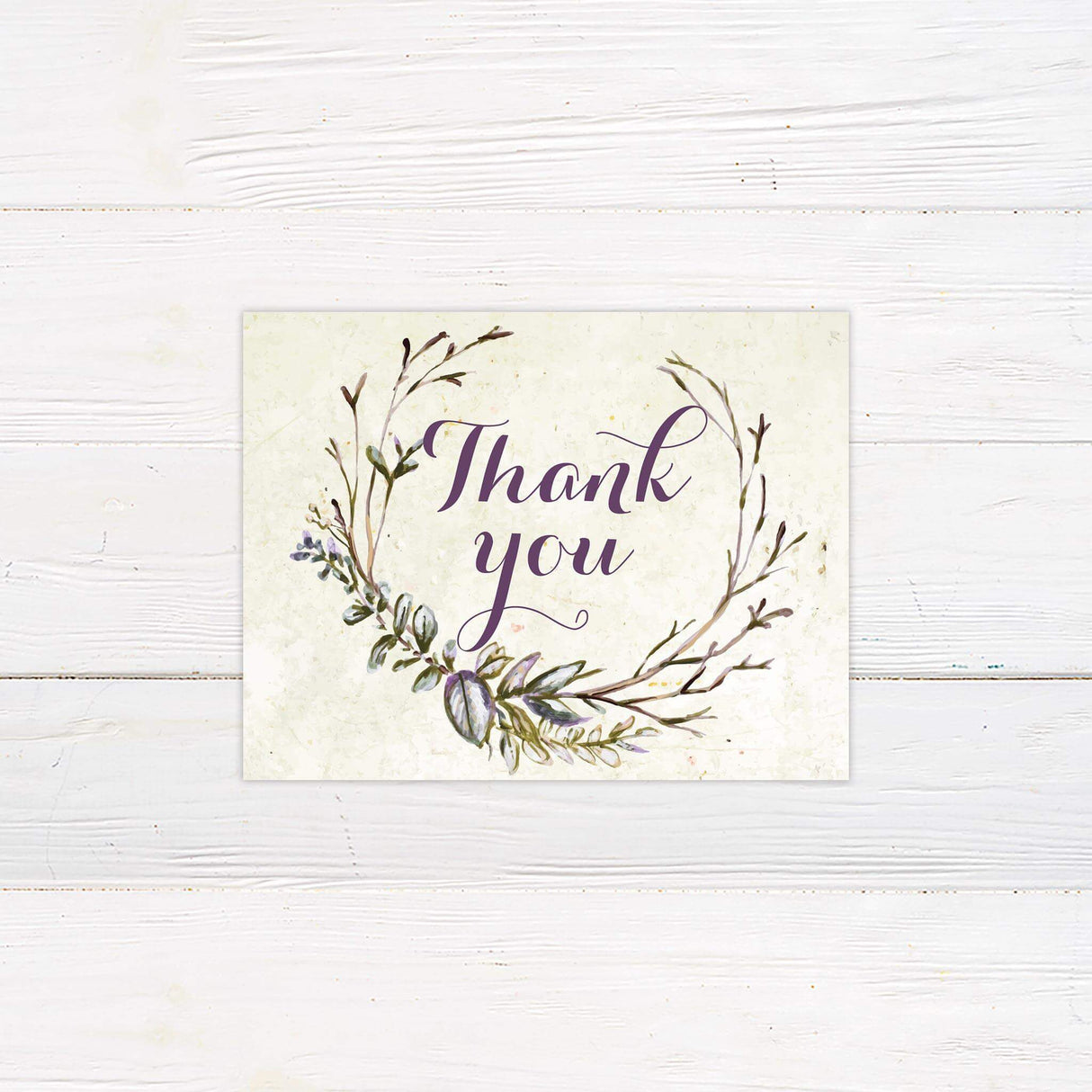 Rustic thank you card with aged paper background and elegant purple script fonts.