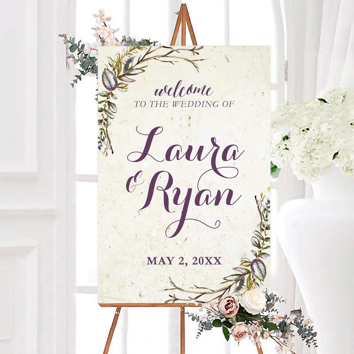 Rustic welcome sign with aged paper background and elegant purple script fonts.