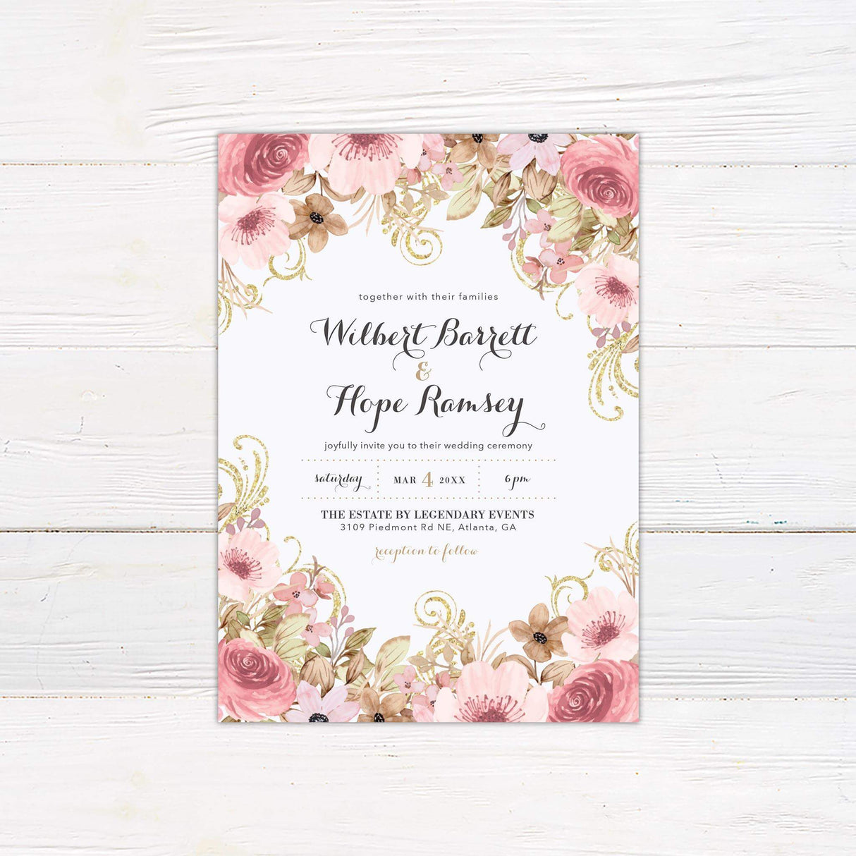 Wedding invitation with vintage blush pink florals, soft greenery, and faux gold swirls on white background with elegant script and serif fonts.