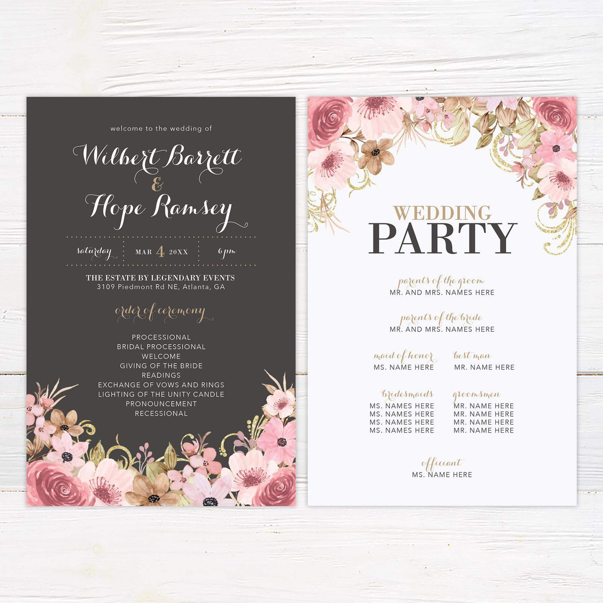 Wedding program designed with matching blush flowers and delicate script.