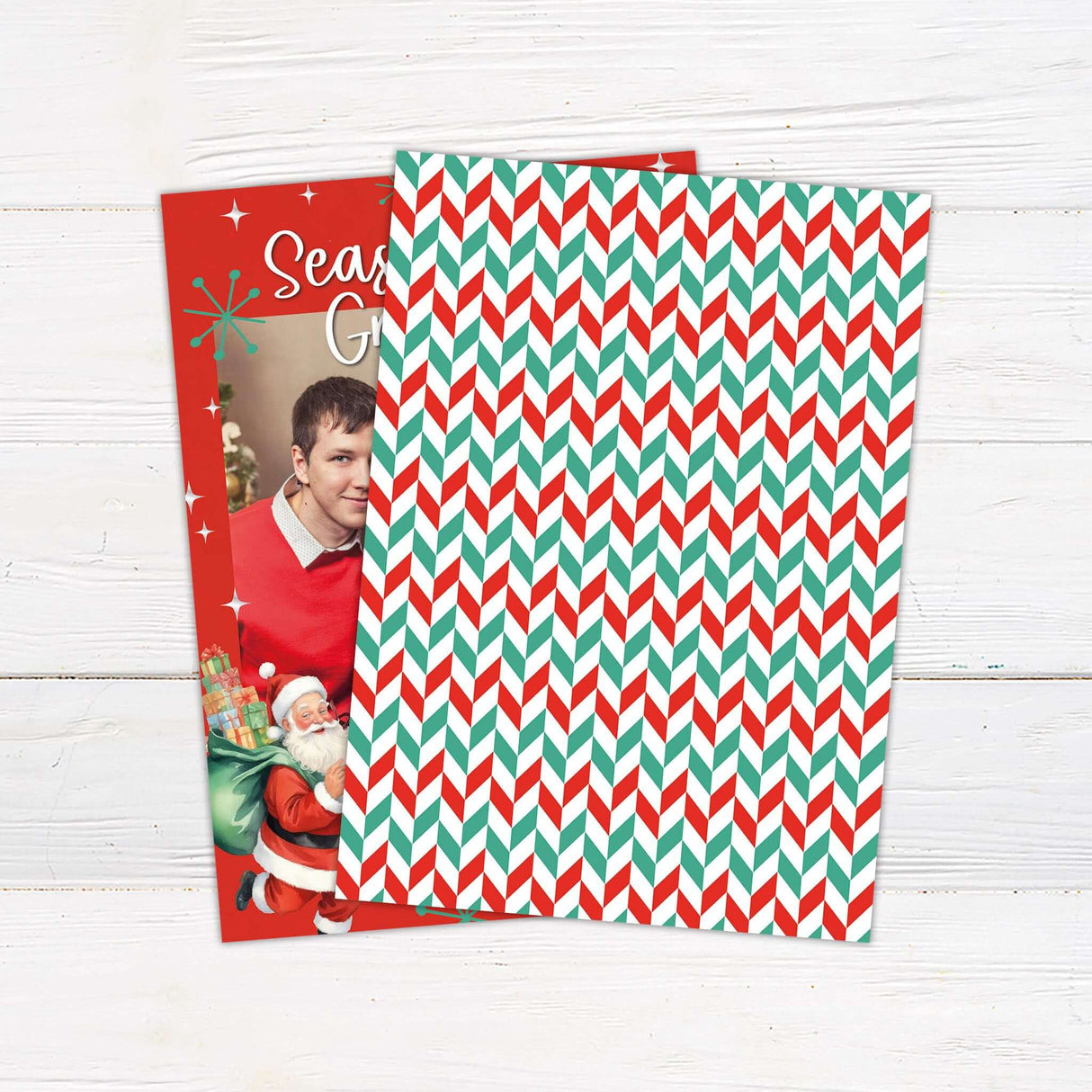 Season’s Greetings photo card with red background, vintage Santa illustration, retro starburst accents, and a family photo centered on the design.