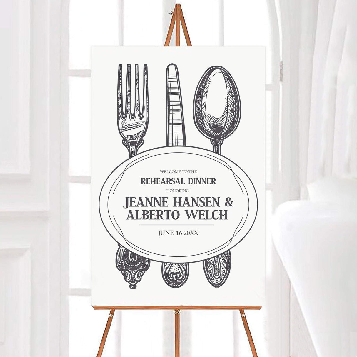 Vintage Silverware rehearsal dinner welcome sign featuring illustrated fork, knife, and spoon behind an oval frame.