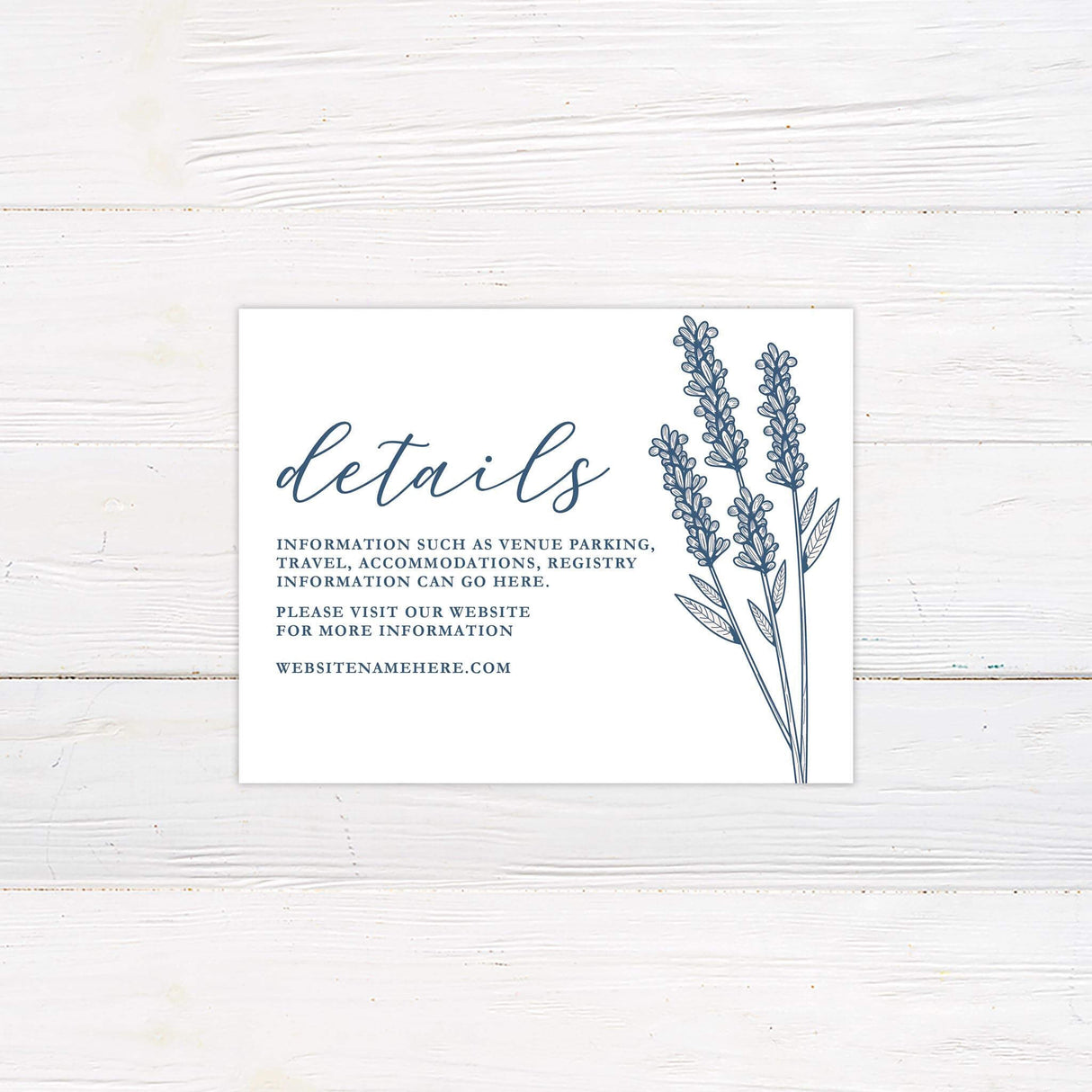 Minimal details card with lavender flower line drawing and clean modern fonts.