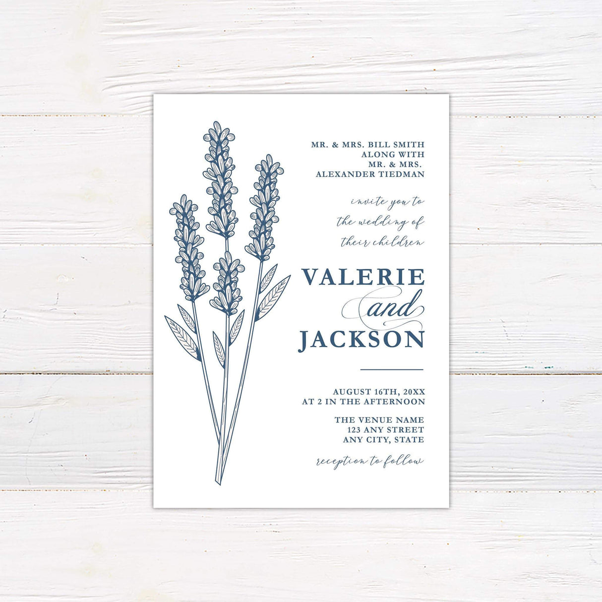 Minimal wedding invitation with lavender flower line drawing and clean modern fonts.