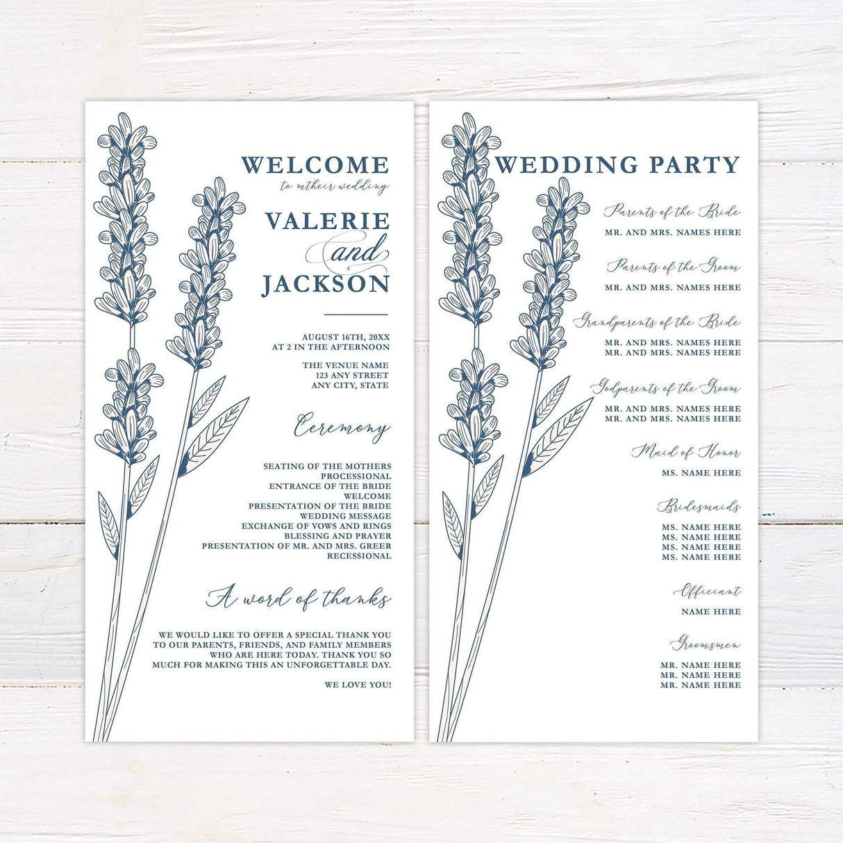 Minimal program card with lavender flower line drawing and clean modern fonts.