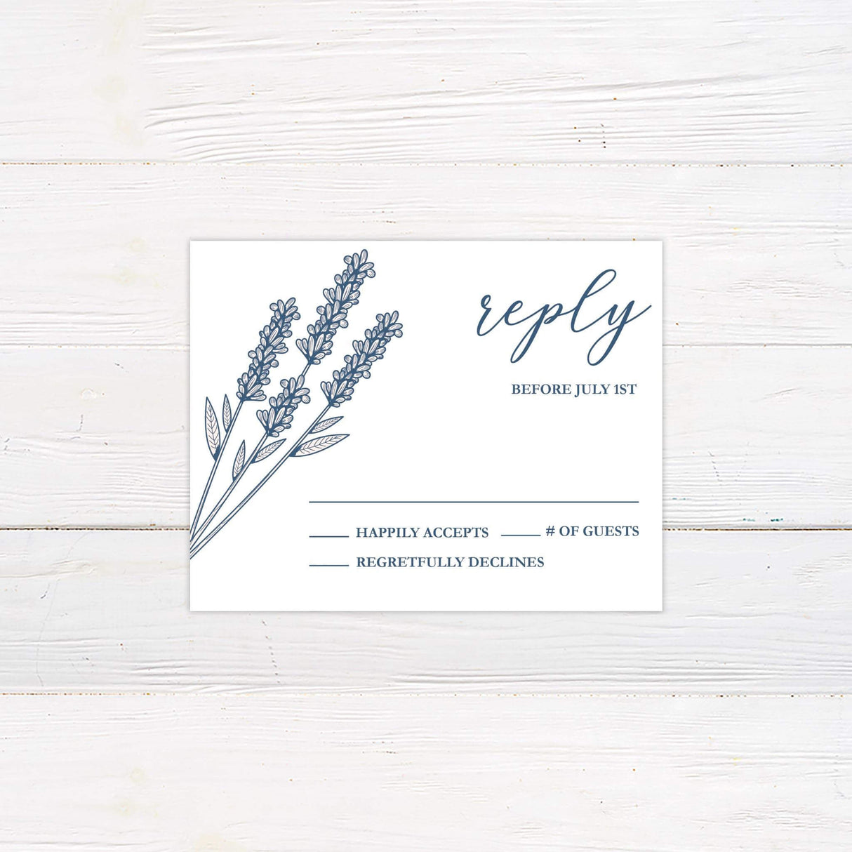 Minimal RSVP card with lavender flower line drawing and clean modern fonts.
