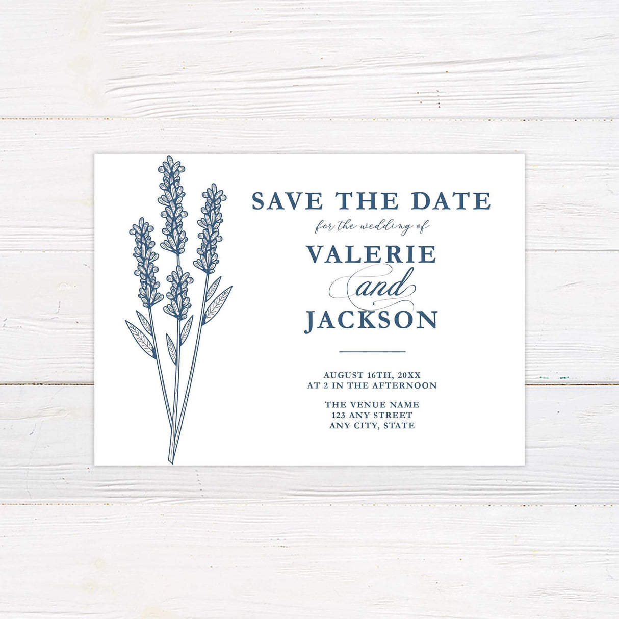 Minimal save the date card with lavender flower line drawing and clean modern fonts.