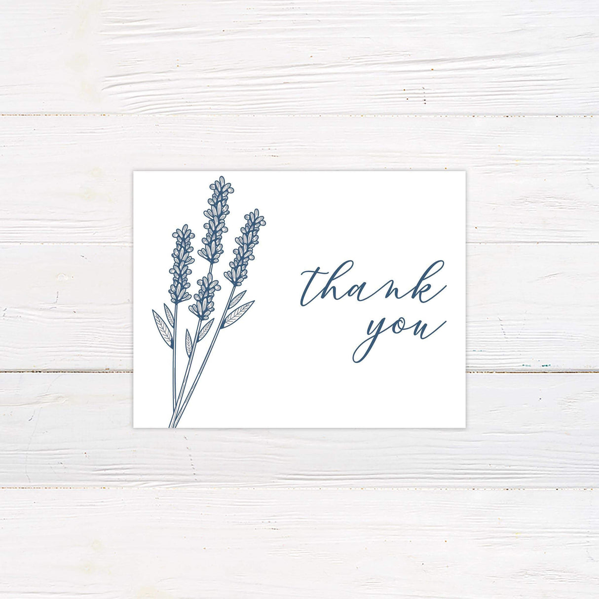 Minimal thank you card with lavender flower line drawing and clean modern fonts.