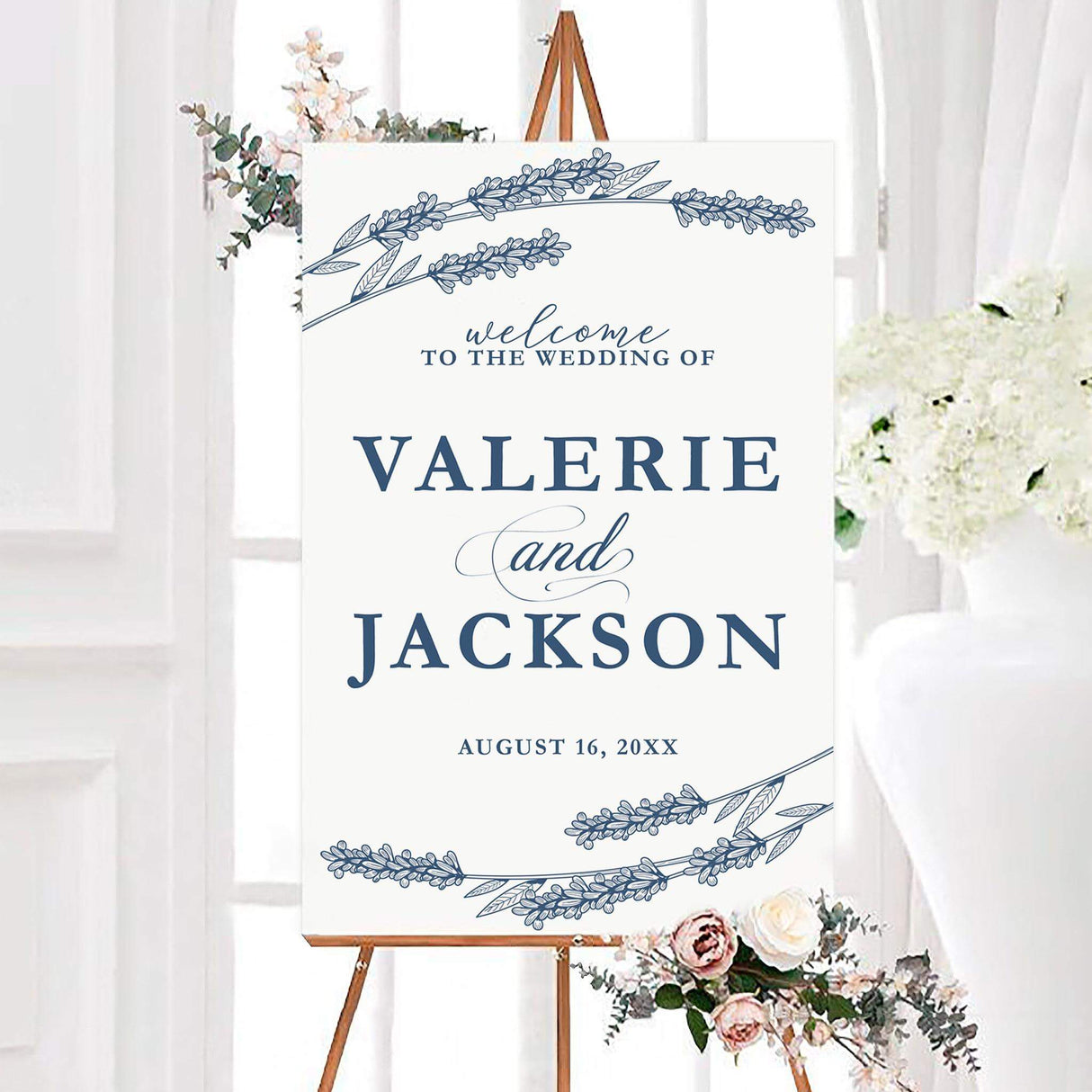 Vintage sprig botanical wedding welcome sign featuring delicate sprig illustrations and elegant personalized typography. The printed design includes the couple’s names and wedding date on a clean background.