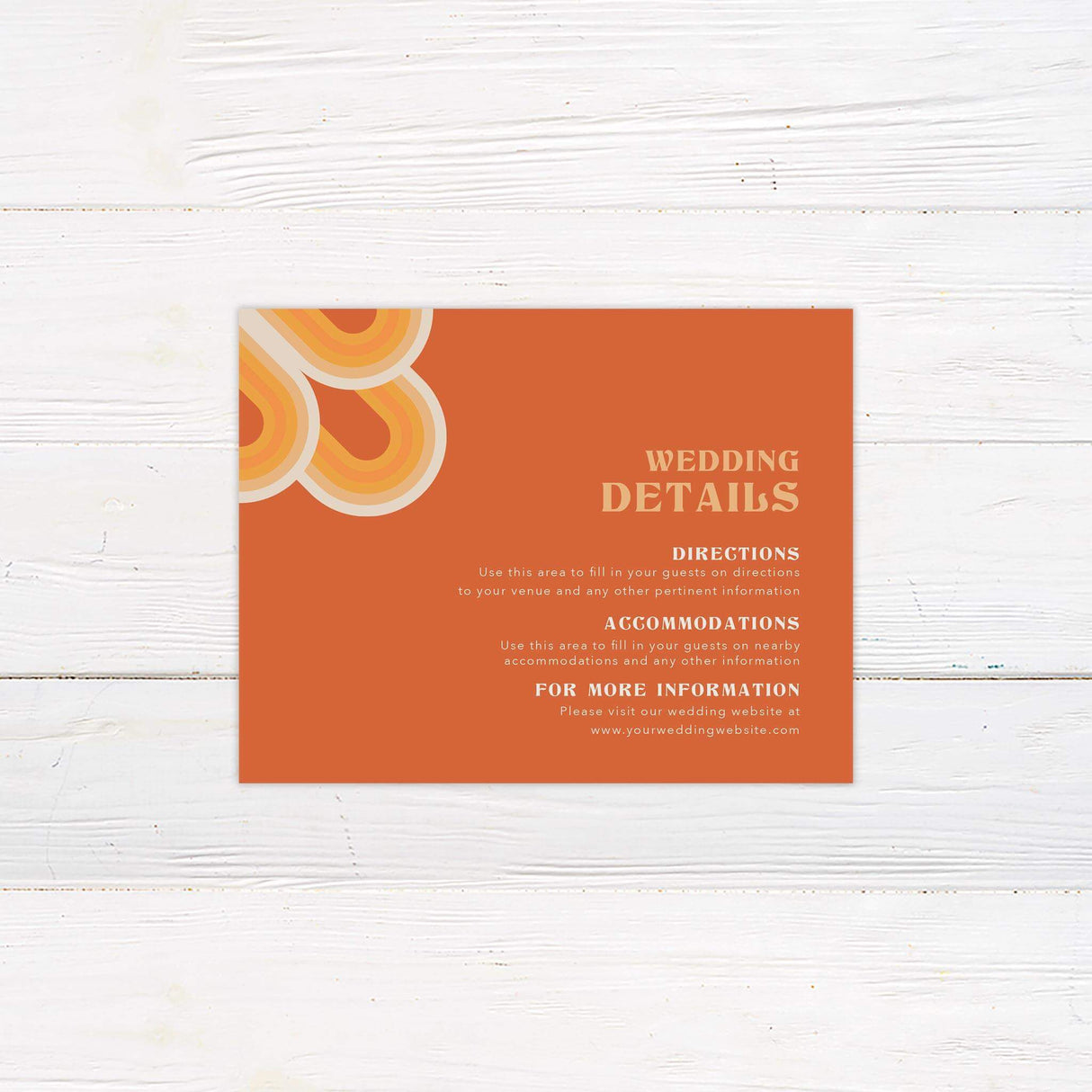 Detail card featuring vintage orange stripes and playful text layout.