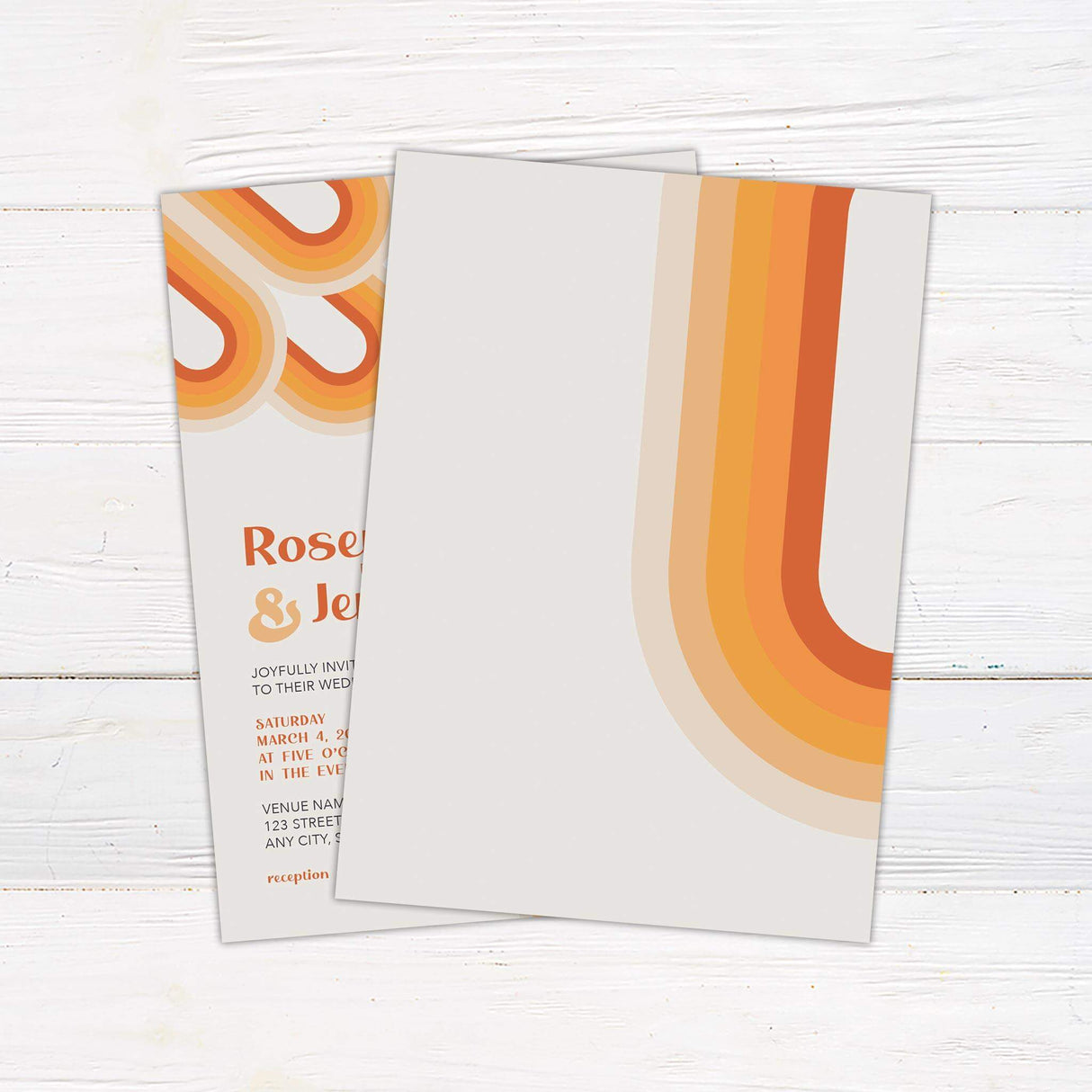 Retro wedding invitation with bold orange and yellow curved stripes, cream background, and playful script and block fonts.- back side