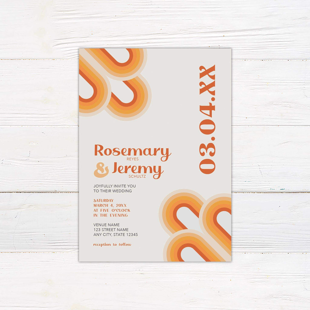 Retro wedding invitation with bold orange and yellow curved stripes, cream background, and playful script and block fonts.