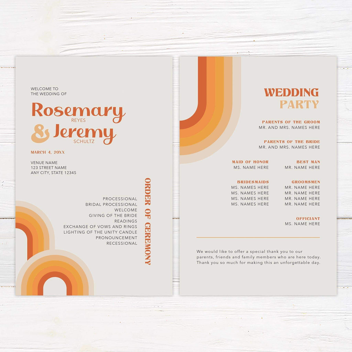 Wedding program in retro 70s design with curved color bands and clean layout.