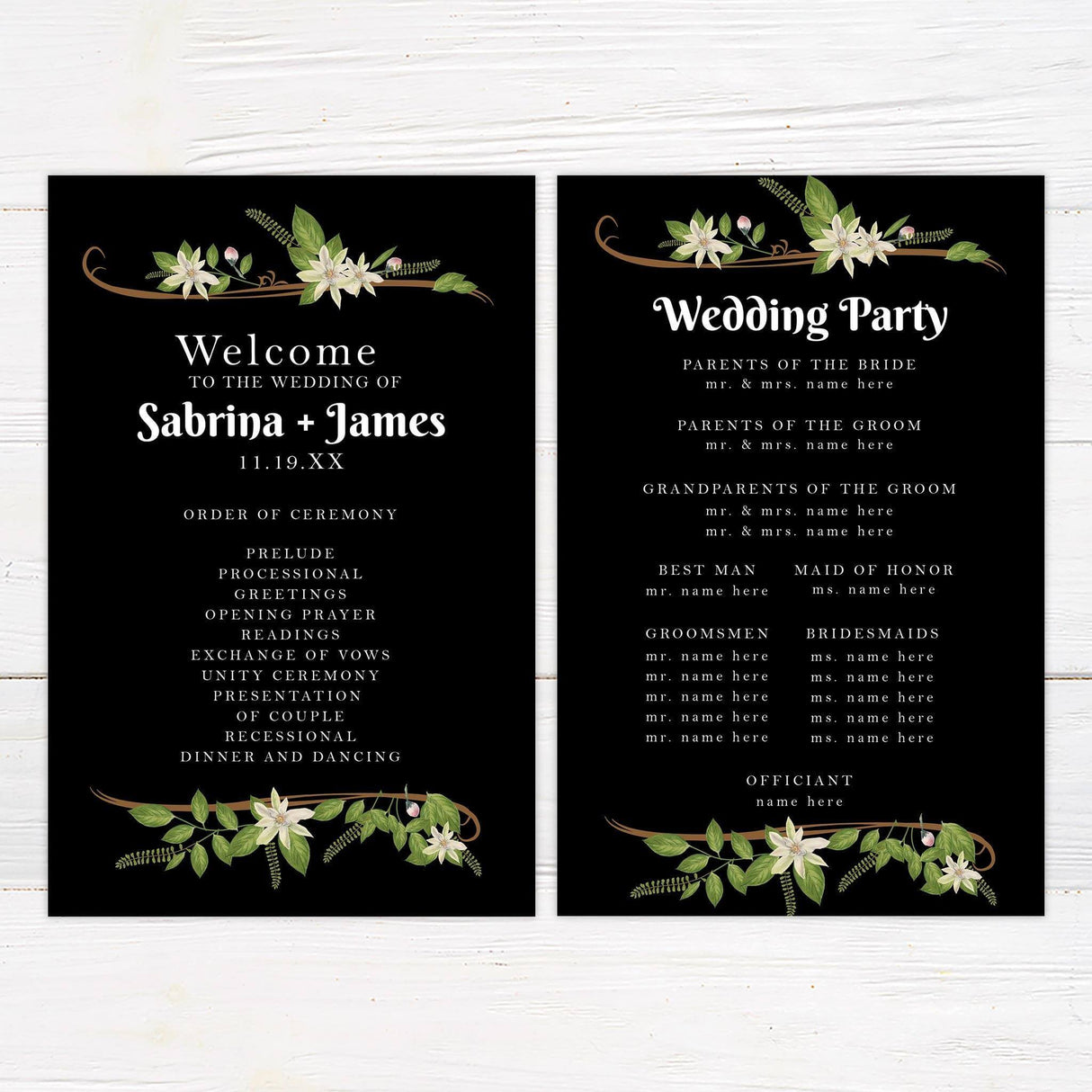 Wedding program featuring floral borders, elegant fonts, and antique-inspired design.