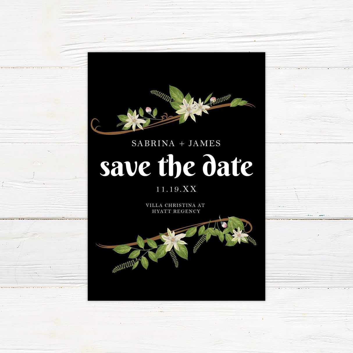 Save the Date card with vintage white flowers and dark moody background, coordinated with full suite.