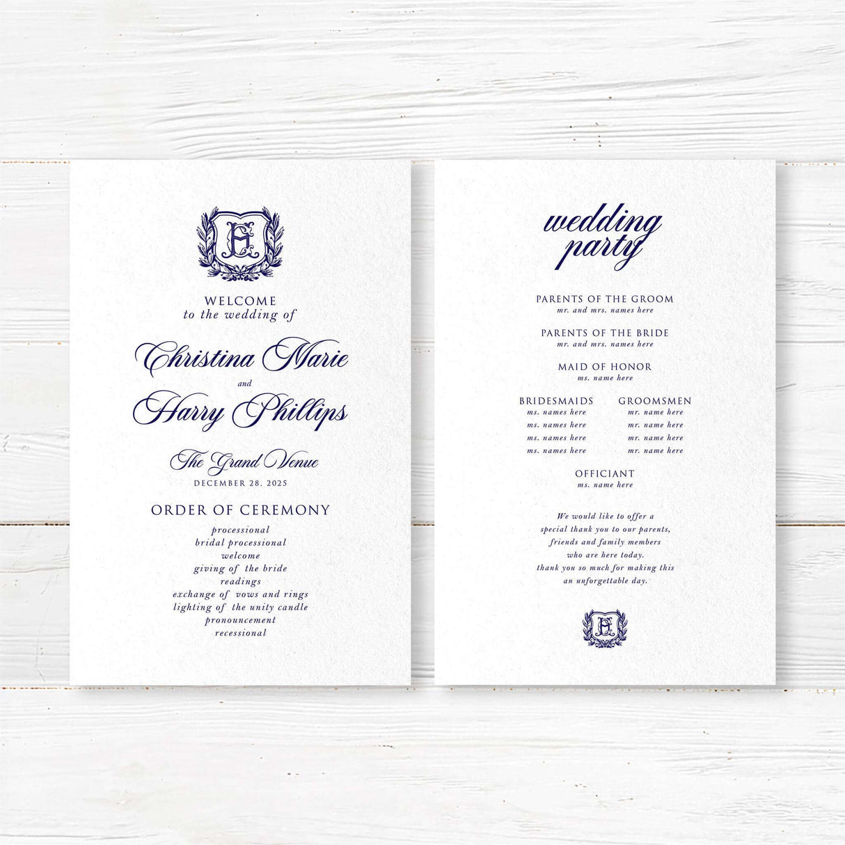 Navy and white wedding program with monogram wreath design and ceremony order, perfect for formal weddings