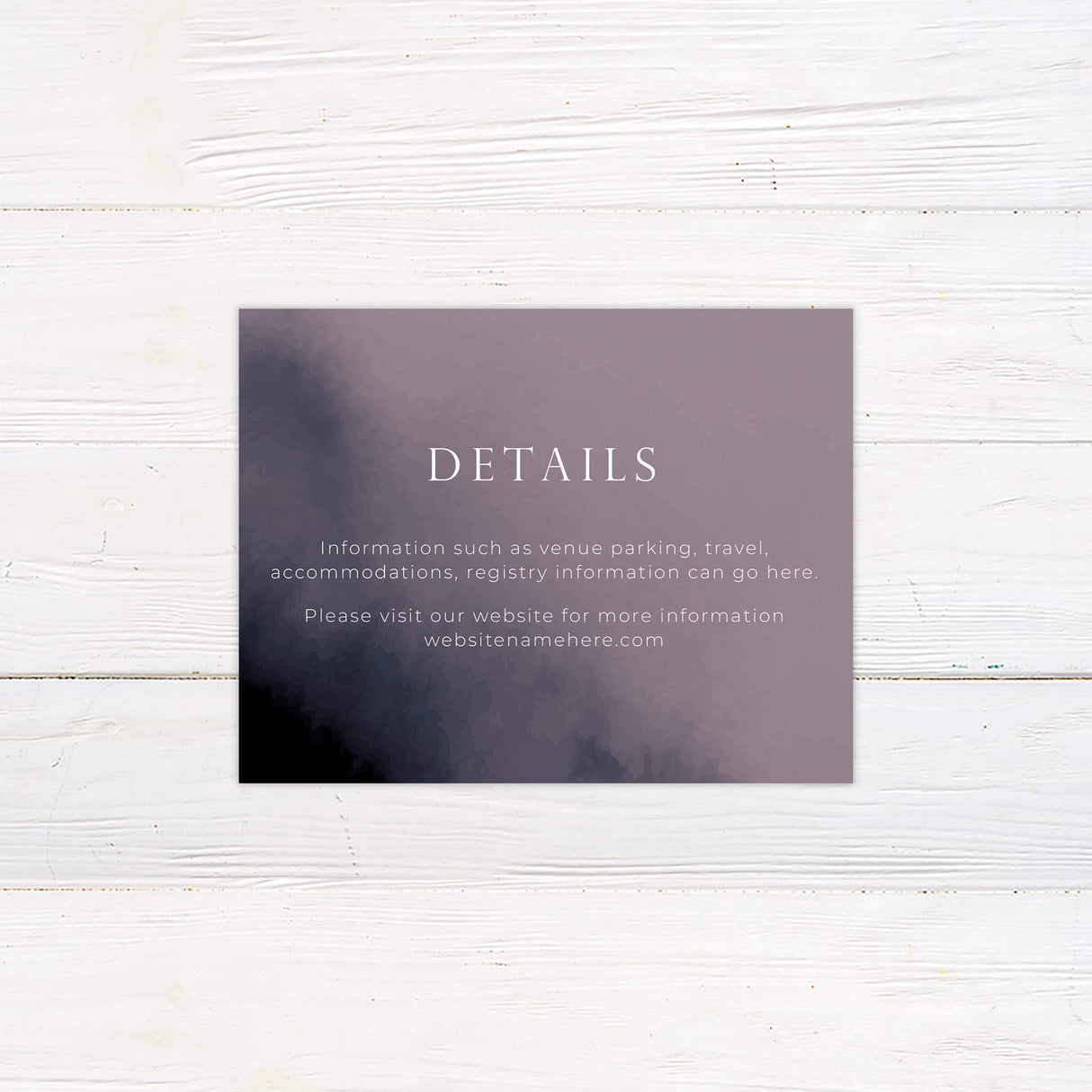 Matching detail card featuring moody violet tones and clear event information in serif type.