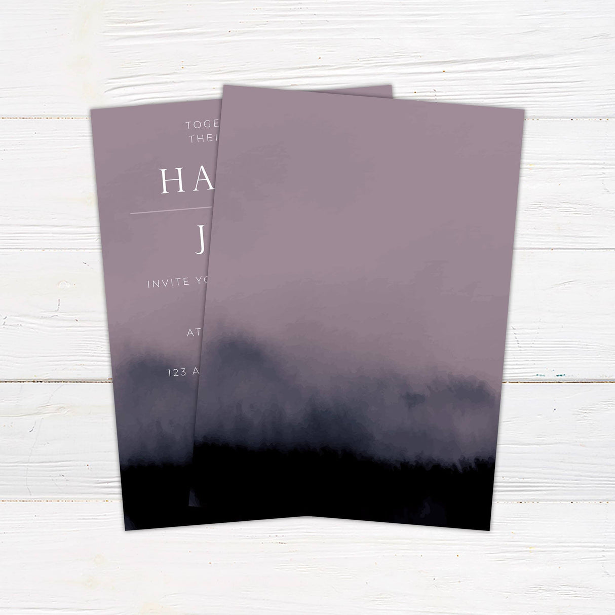 Moody violet watercolor wedding invitation with elegant serif and handwritten fonts on a soft gradient background.- back side