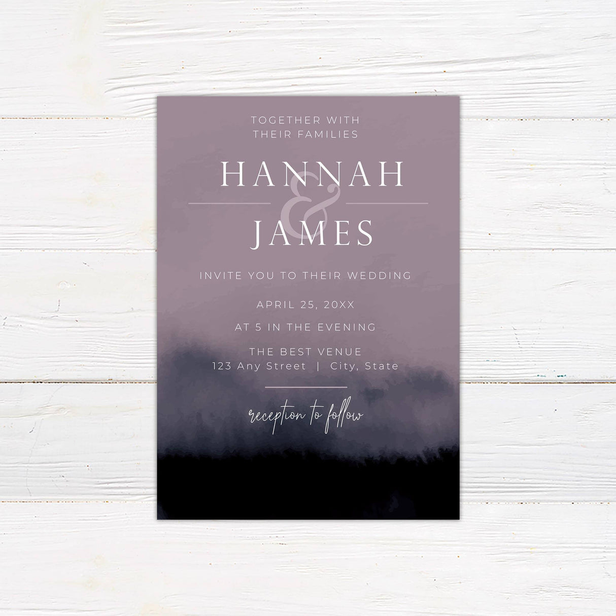 Moody violet watercolor wedding invitation with elegant serif and handwritten fonts on a soft gradient background.