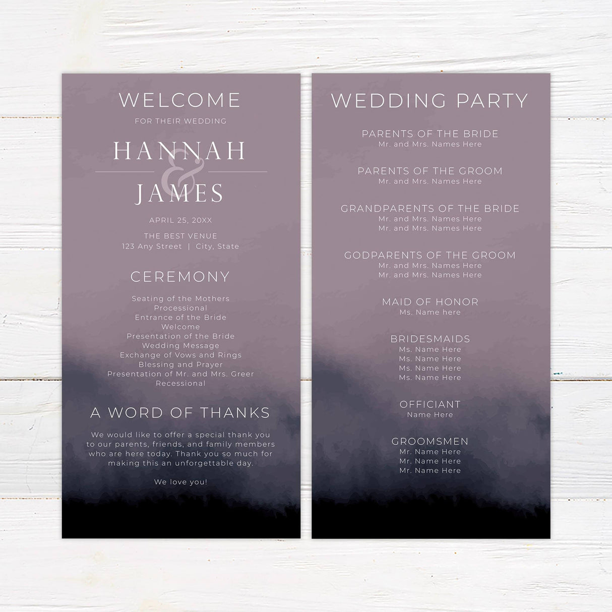Ceremony program with bold purple gradient and elegant serif and script typefaces.