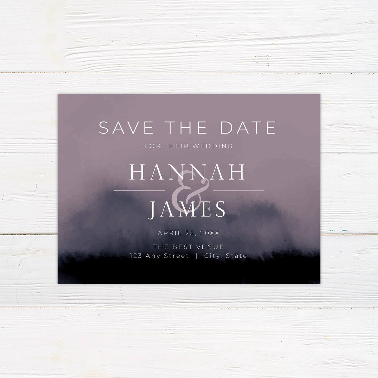 Coordinated Save the Date card with deep violet tones and stylish typography.