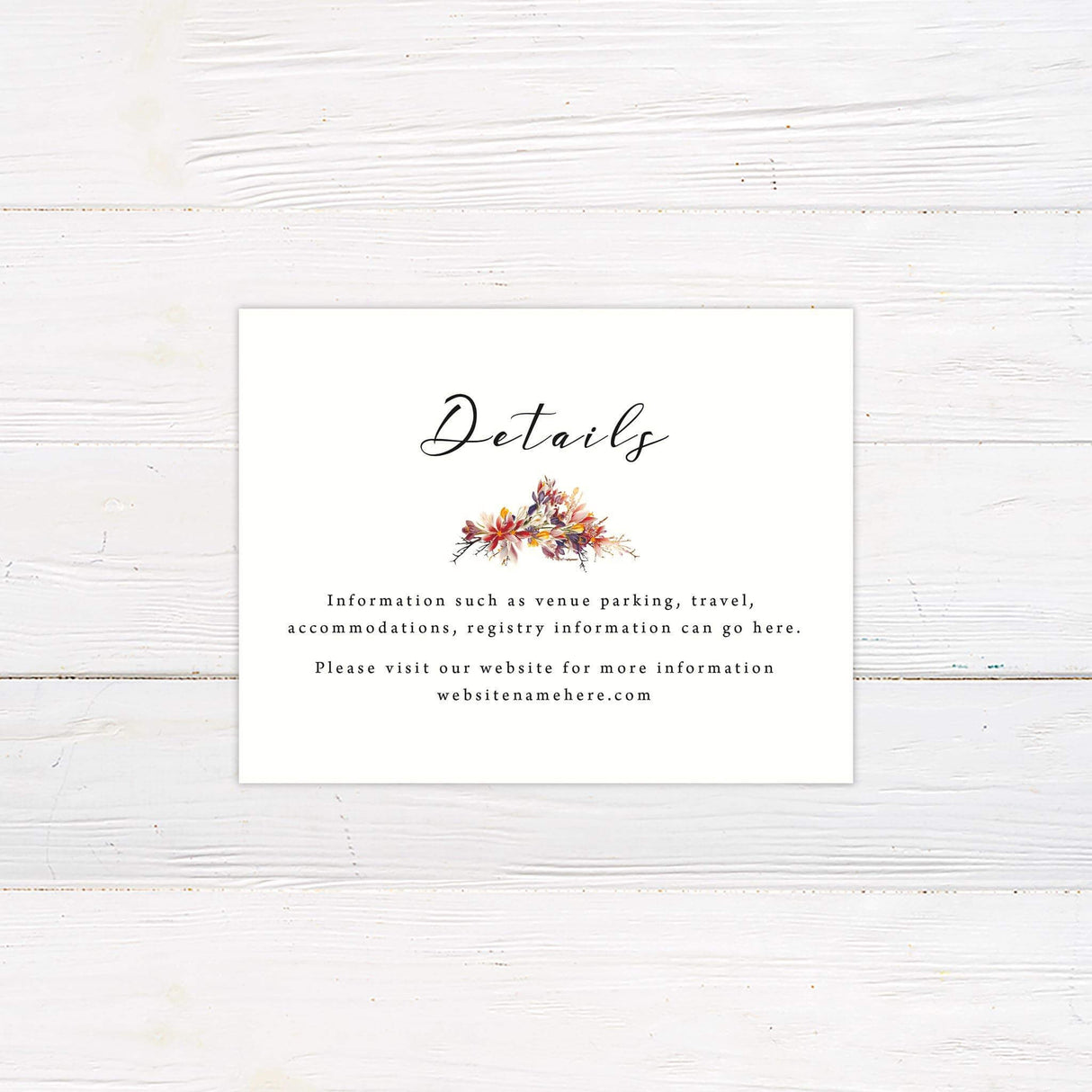 Wedding details card featuring a stunning floral design with warm autumn tones. Ideal for sharing venue, accommodations, and itinerary information in a stylish and sophisticated way.