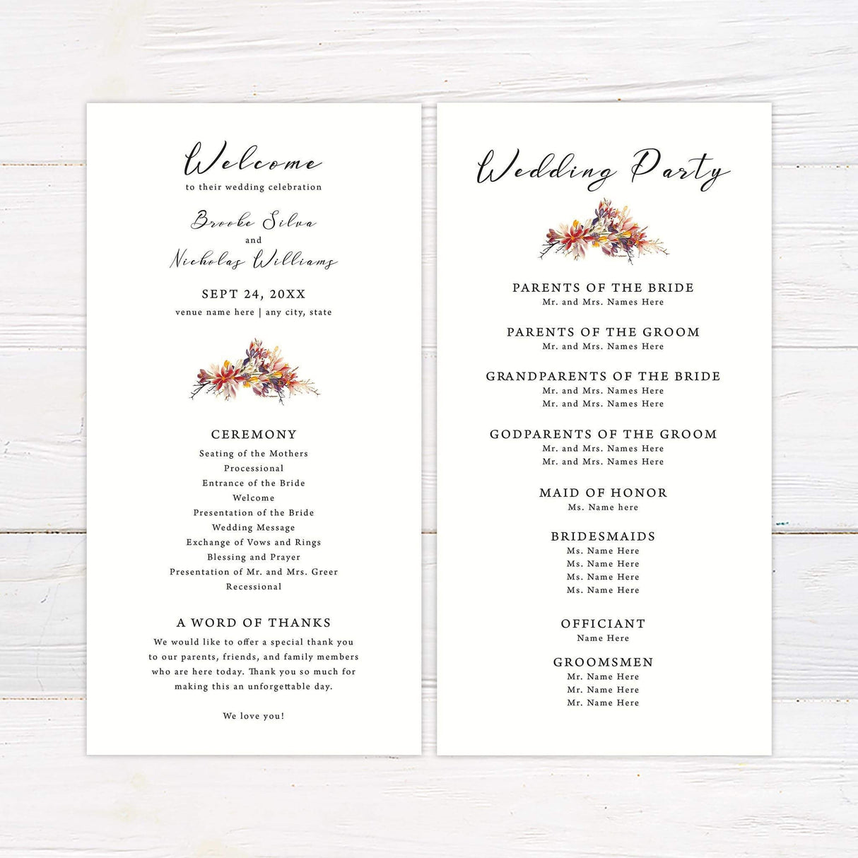 Elegant wedding program featuring a vivid botanical floral design with a structured layout for ceremony details, wedding party names, and special notes. Perfect for fall or rustic weddings.