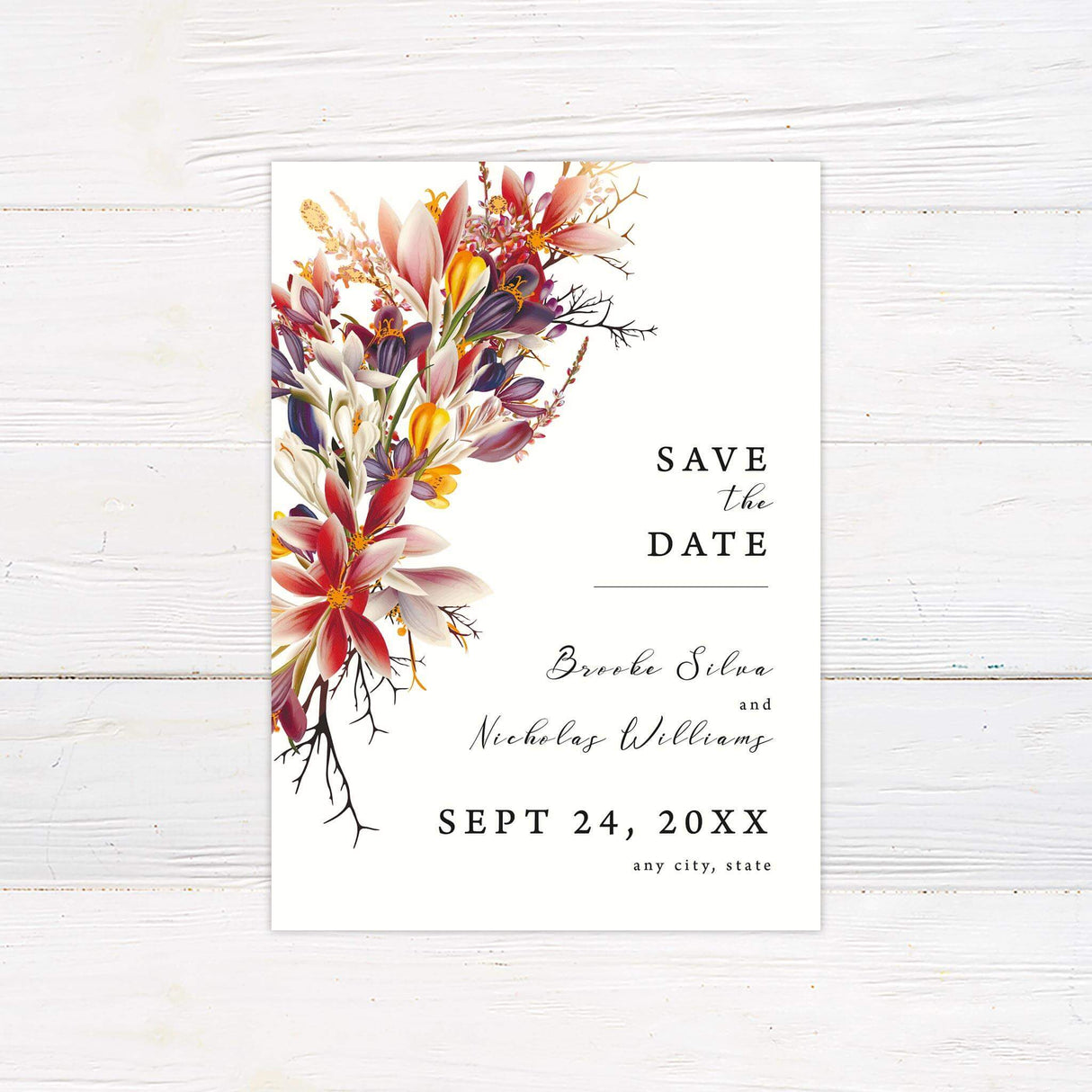 Romantic Save the Date card featuring a vivid autumn floral design and elegant script. A warm and stylish way to announce your wedding day.