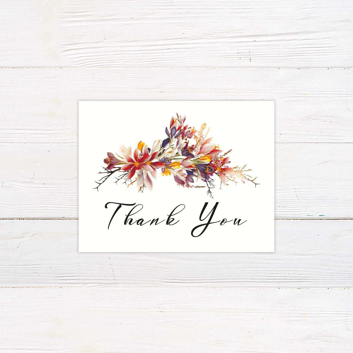 Beautiful thank you card with a watercolor floral design in deep autumn hues, perfect for expressing gratitude with elegance and warmth. A timeless keepsake for wedding guests.