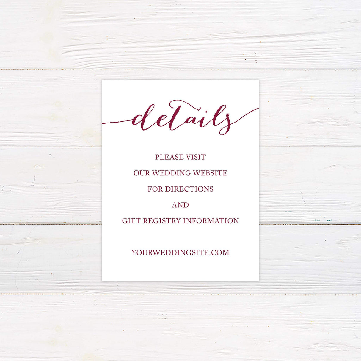 Modern details card with deep pink text.