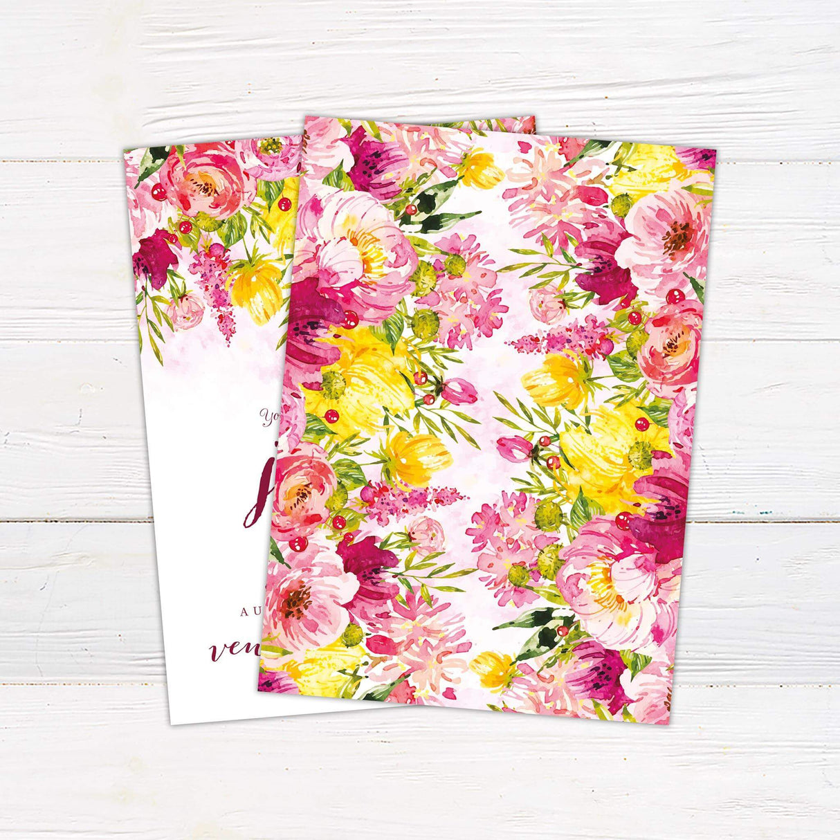 Modern wedding invitation with deep pink and blush watercolor florals on the top of the invitation wth mixed font design for text. Back.