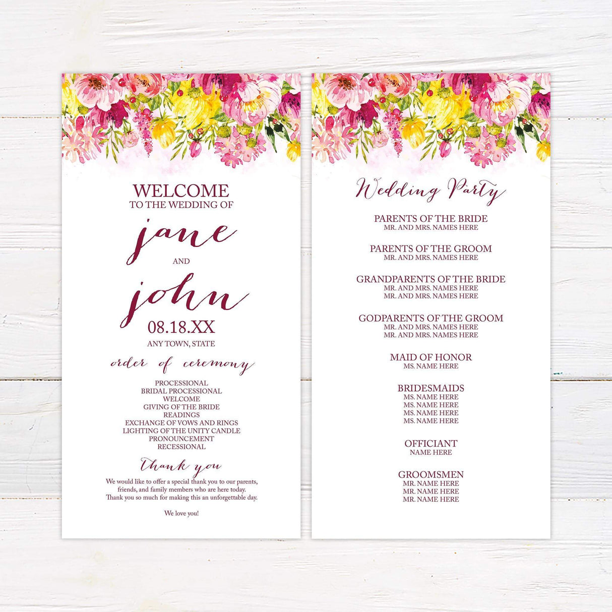 Modern program card with deep pink and blush watercolor florals on the top of the program wth mixed font design for text.