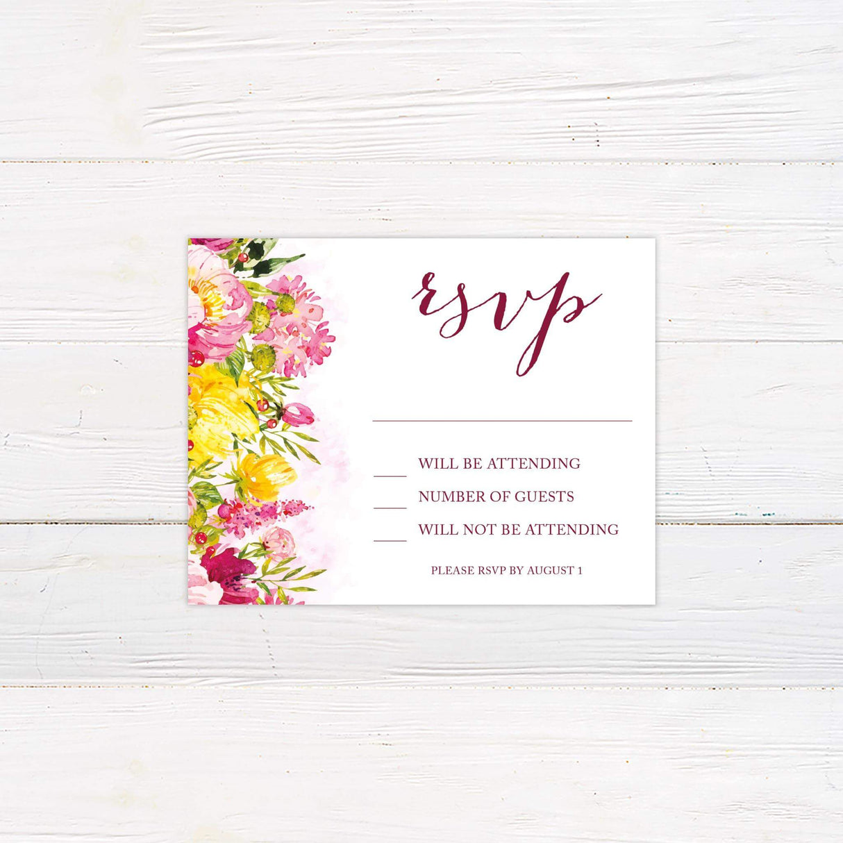 Modern RSVP card with deep pink and blush watercolor florals on the side wth mixed font design for text.