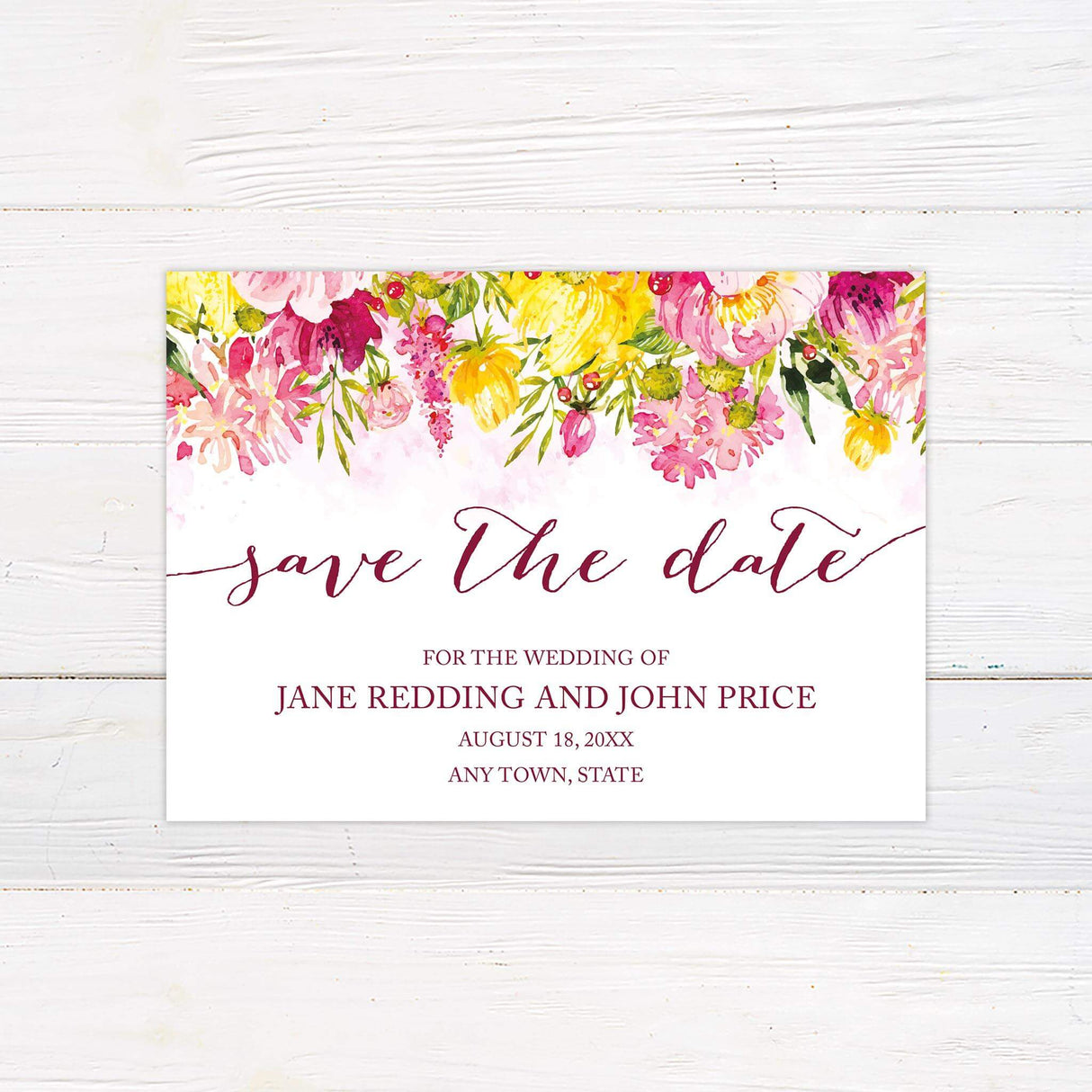 Modern save the date with deep pink and blush watercolor florals on the top wth mixed font design for text.
